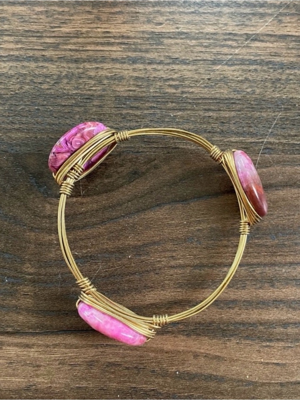 Gold Wire Pink Stone Bangle Bracelet - Women Jewelry